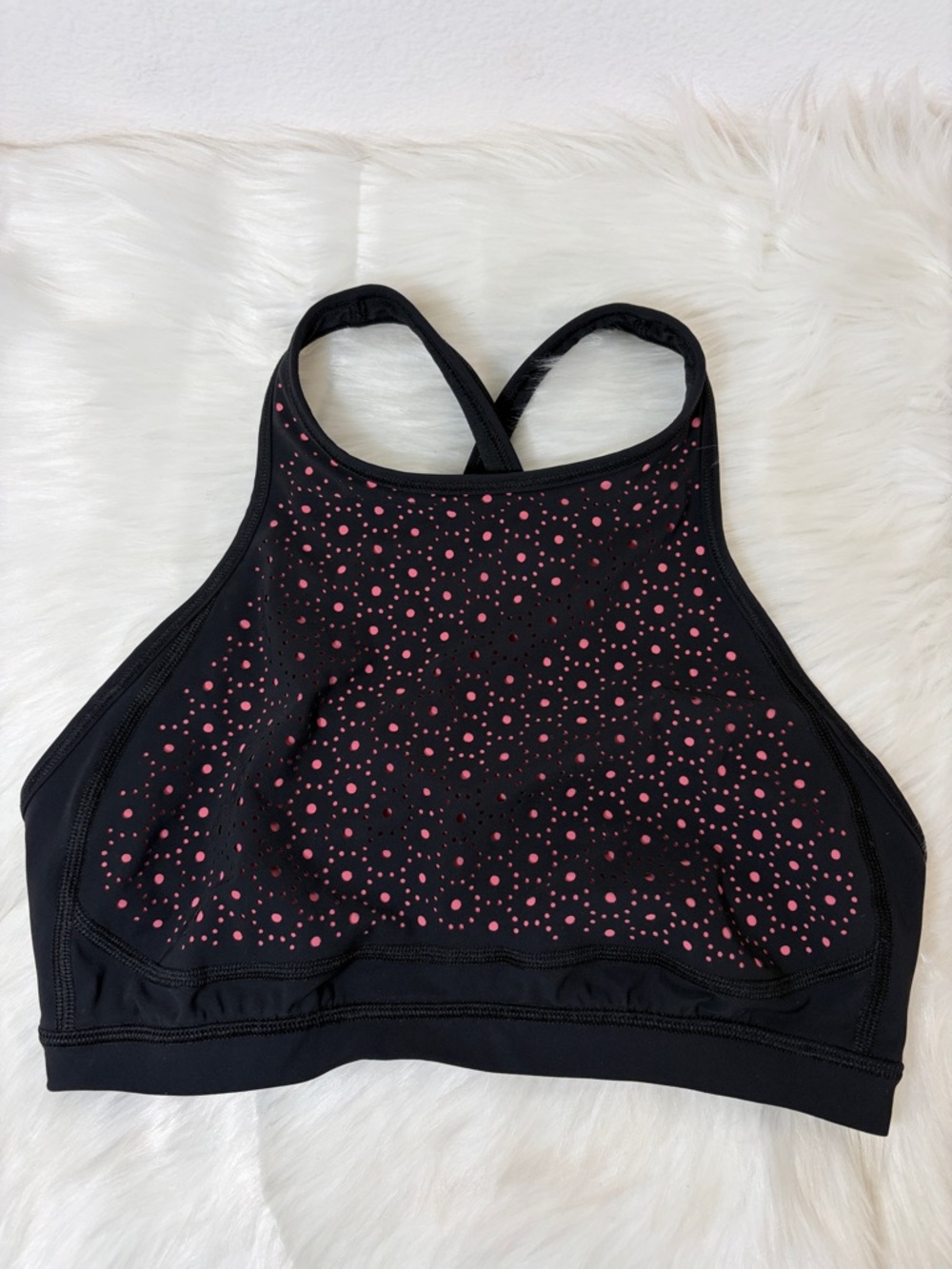Lululemon Athletica Black High-Neck Sports Bra with Pink Laser-Cut Detail